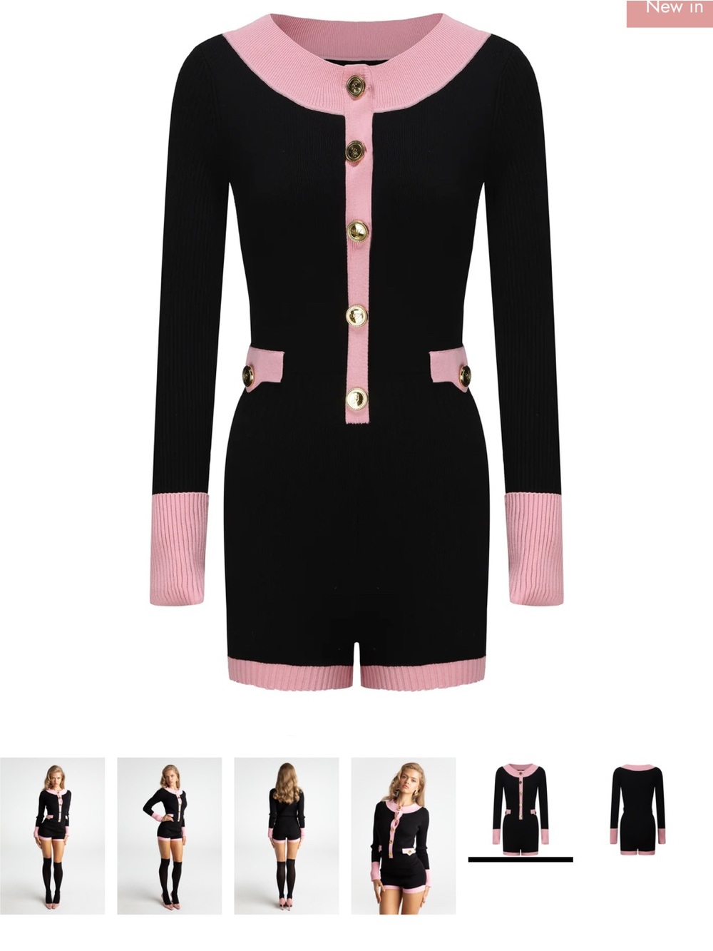 Nana Jacqueline Black and Pink Ribbed Long-Sleeve Romper with Gold Buttons